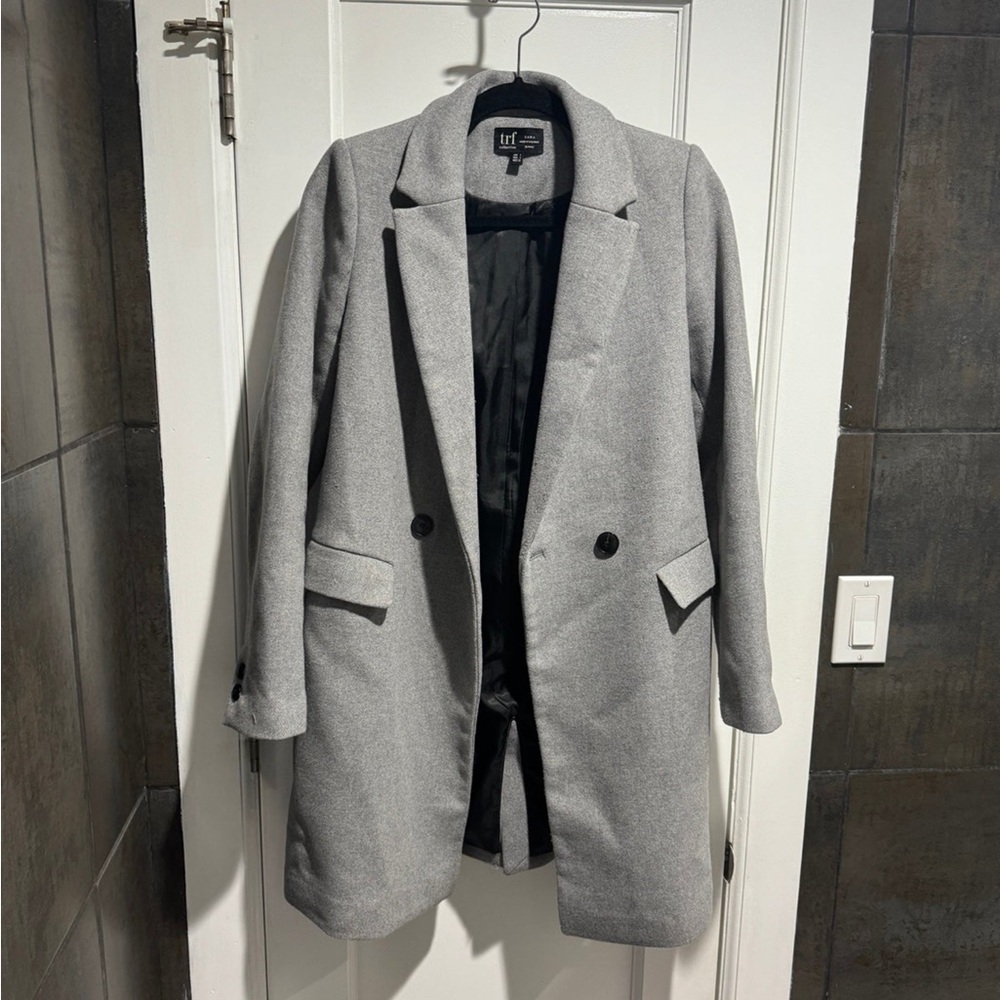 Zara Light Gray Coat TRF Warm Long Peacoat Size Small Good Condition